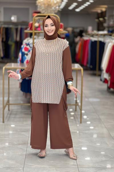 23YT614 Ön Desenli Kolları Düz Takım Kahve