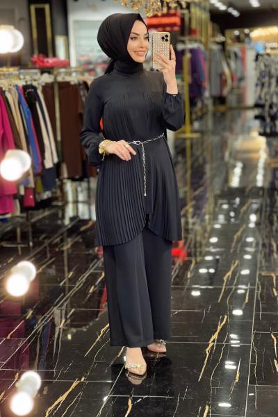 23YT616 Ön Pileli Zincir Kemerli Takım Siyah