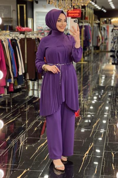 23YT616 Ön Pileli Zincir Kemerli Takım Mor