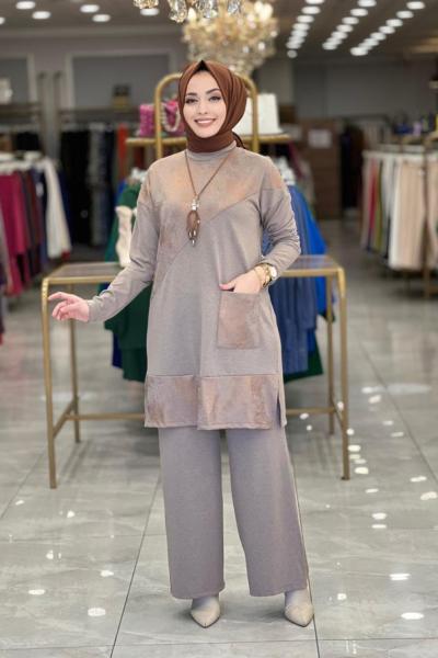 23YT627 Önü Parça Ve Cep Detaylı Takım Vizon