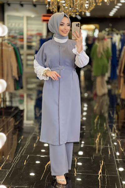 23YT641 Kolsuz Kemerli Takım Gri