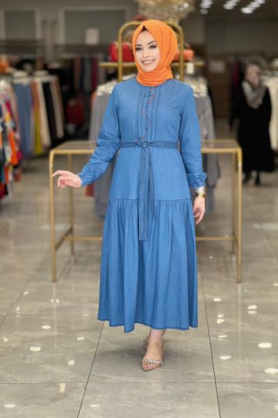 23YT902 Tencel Önü Boncuk İşli Elbise Lacivert