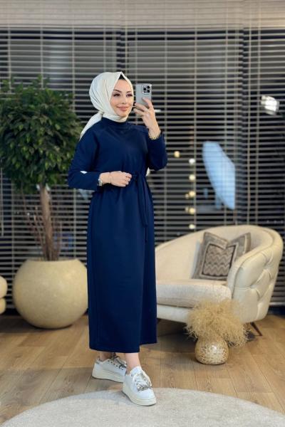 2400 Kolu Etiket Detaylı Elbise Lacivert