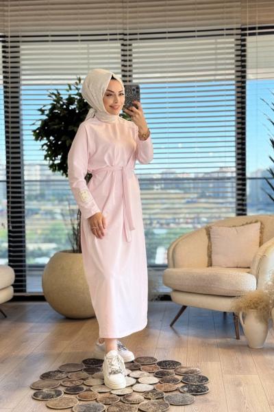 2400 Kolu Etiket Detaylı Elbise Pembe