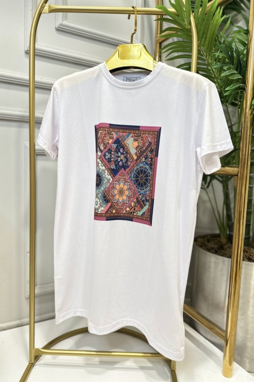 24001-1 Önü Kilim Desen Bluz Beyaz