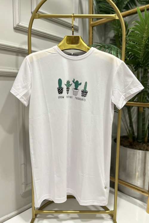 24001-27 Önü 4 Adet Kaktüs Desenli Bluz Beyaz