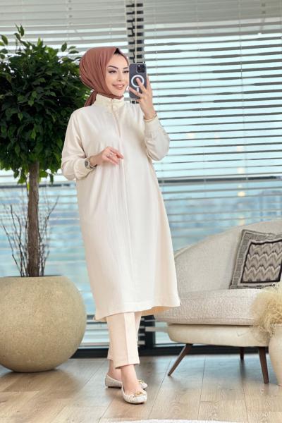 24014 Pat Ferm.Yaka Manşet Ribanalı Tunik Bej