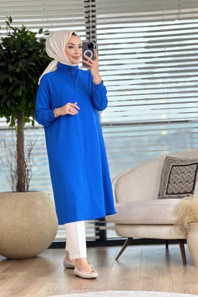 24014 Pat Ferm.Yaka Manşet Ribanalı Tunik Saks