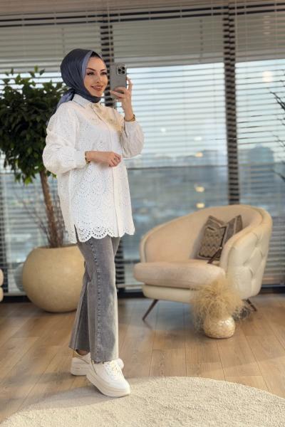 24017 Fisto Üstü İnci İşli Tunik Ekru