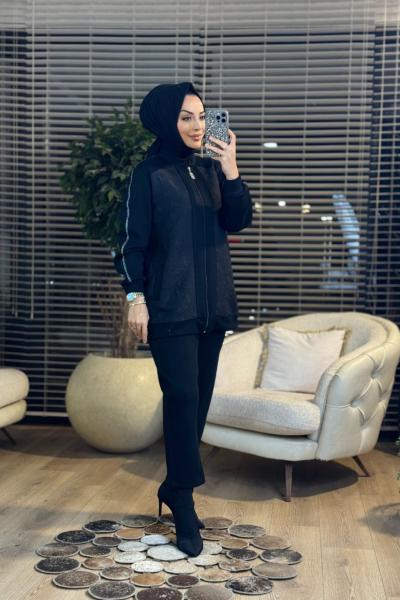 2402 Ön Kabartma Desenli Omuzları Zincirli Takım Siyah