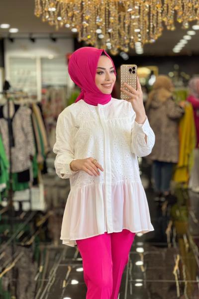 24020 Önü Düğmeli Eteği Düz Tunik Ekru