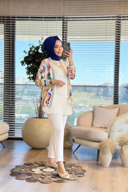24026 Yaka Manşet Çizgi Ribanalı Desenli Kısa Kap Ekru Saks