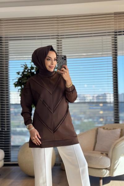 24034 Ön V Dikiş Parçalı Scuba Tunik Kahve