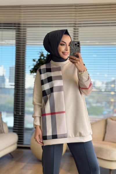 24061 Sol Taraf Kare Desenli Tunik Bej