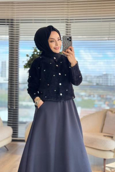 2408 Angora Üstü Taş İşlemeli Hırka Siyah