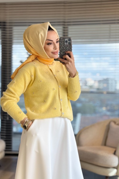 2408 Angora Üstü Taş İşlemeli Hırka Sarı
