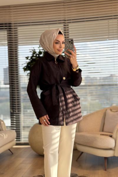 2408 Kendinden Desenli Fermuarlı Ceket Kahve