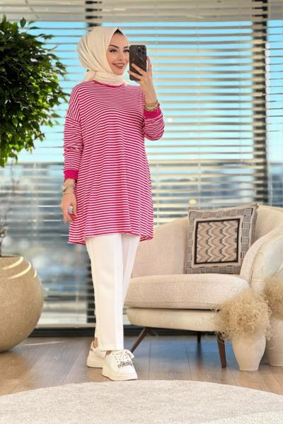 24093 Çizgili Tunik Fuşya