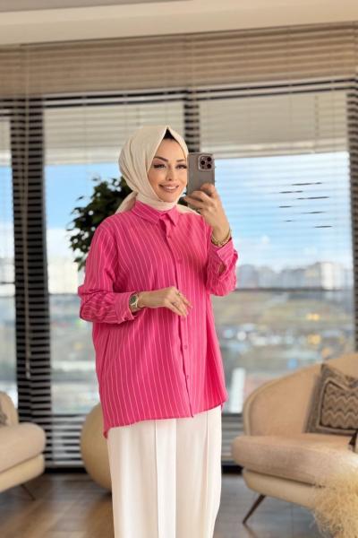 24097 Boyuna Çizgili Gömlek Fuşya