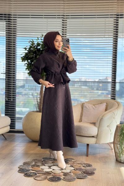 2410 Kendinden Desenli Etekli Takım Kahve