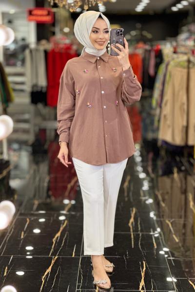 24103 Keten Önü Renkli Taş İşlemeli Tunik Kahve