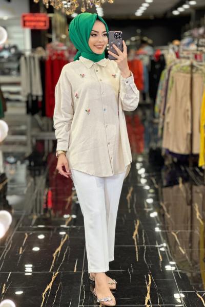 24103 Keten Önü Renkli Taş İşlemeli Tunik Bej