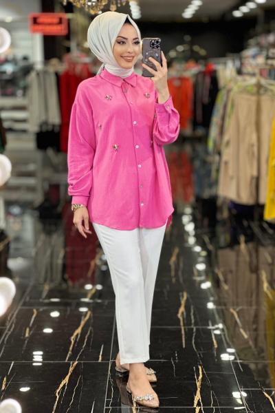 24103 Keten Önü Renkli Taş İşlemeli Tunik Fuşya