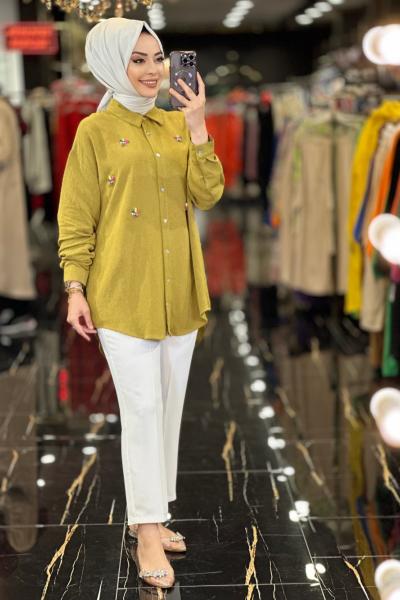 24103 Keten Önü Renkli Taş İşlemeli Tunik Asit