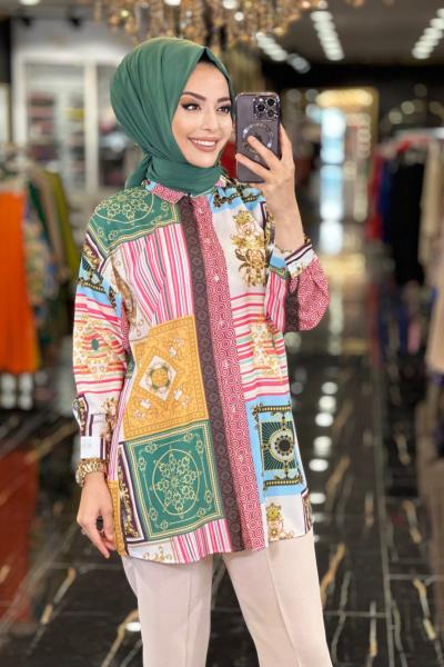 24107 Pano Desen Gömlek Fuşya