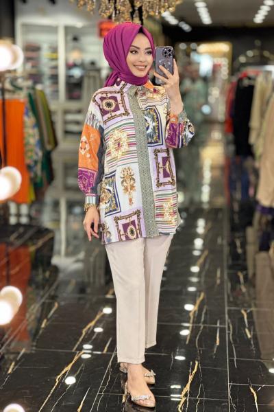 24107 Pano Desen Gömlek Lila