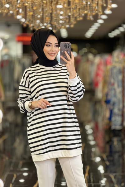 24120 Enine Kalın Çizgili Tunik Siyah