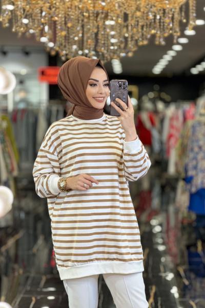 24120 Enine Kalın Çizgili Tunik Latte