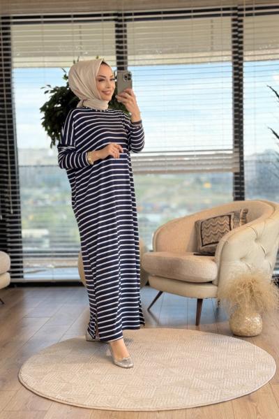 24121 Penye Enine Kalın Çizgili Elbise Lacivert