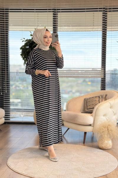 24121 Penye Enine Kalın Çizgili Elbise Siyah