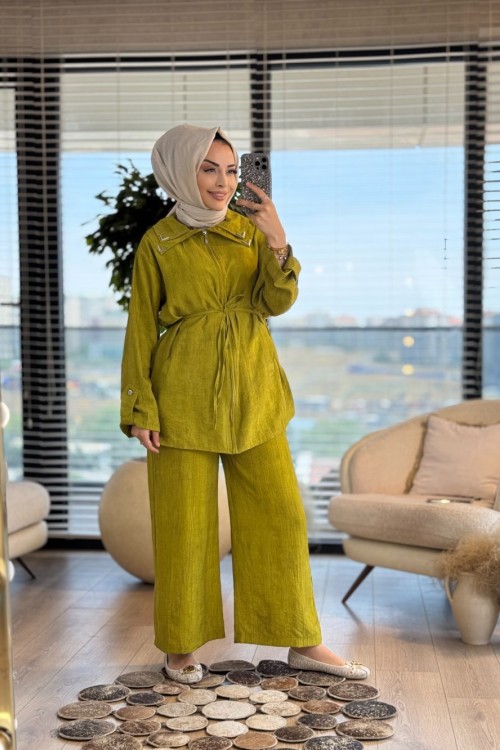 24137 Batık Gofre Ön Fermuarlı Ceket Yağ Yeşili