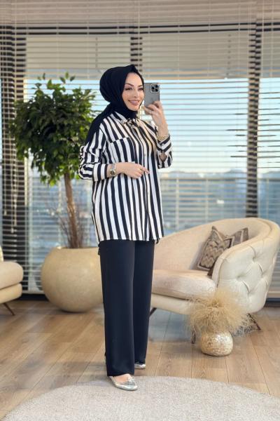 24176 Kalın Çizgili Yaka Taş İşlemeli Gömlek Siyah