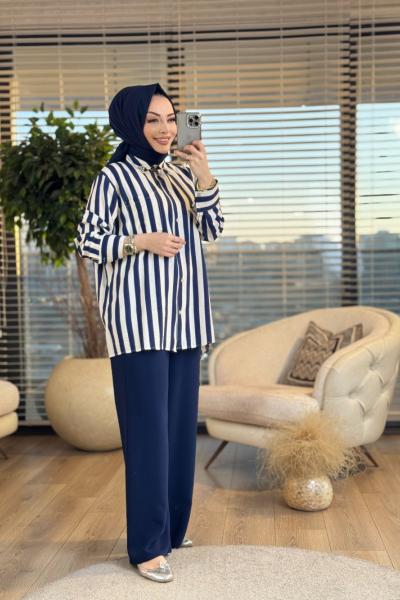 24176 Kalın Çizgili Yaka Taş İşlemeli Gömlek Lacivert