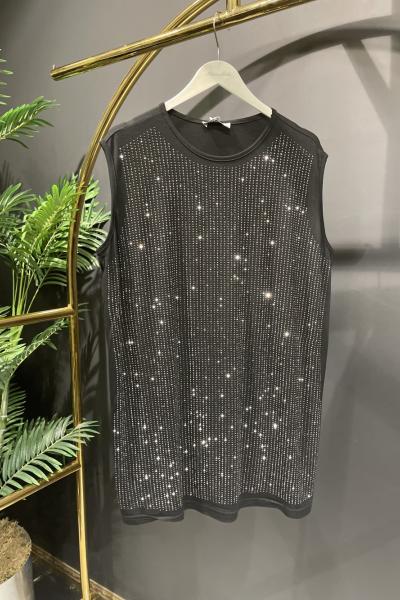 24197 Ön Taş Baskılı Kolsuz İçlik Siyah