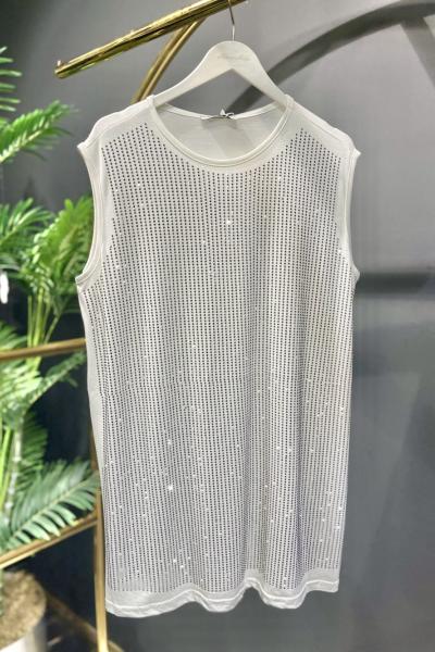 24197 Ön Taş Baskılı Kolsuz İçlik Ekru