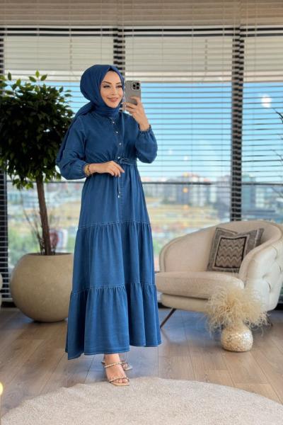 2421 Çift Büzgülü Tencel Elbise Mavi