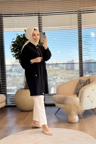 24215 Gofre Bel Parçalı Fermuarlı Kapşonlu Kap Siyah