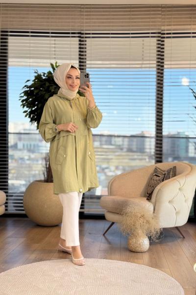 24215 Gofre Bel Parçalı Fermuarlı Kapşonlu Kap Çağla