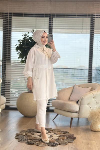 24215 Gofre Bel Parçalı Fermuarlı Kapşonlu Kap Ekru