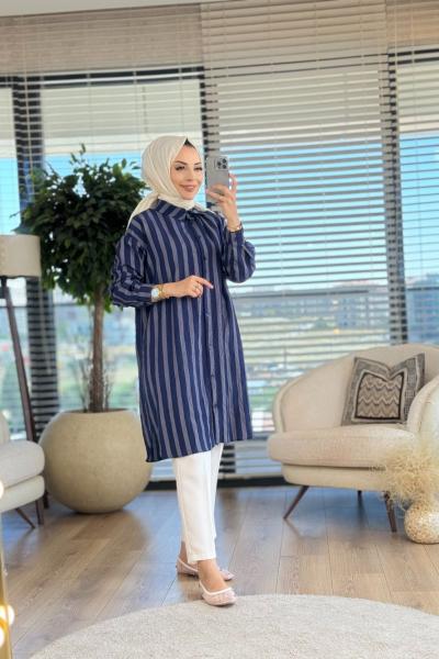 24220 Boyuna Kalın Çizgili Gömlek Lacivert