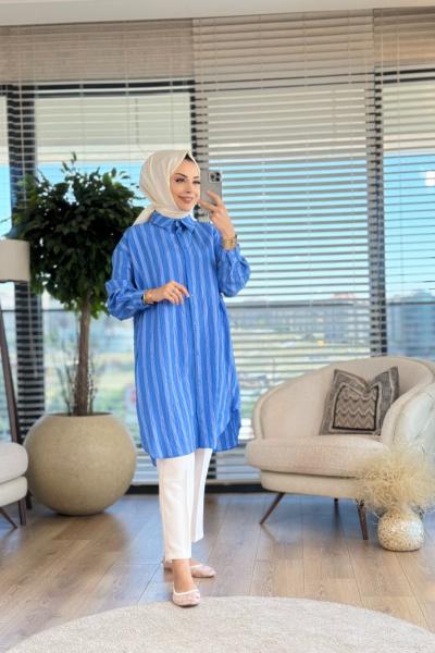 24220 Boyuna Kalın Çizgili Gömlek Saks