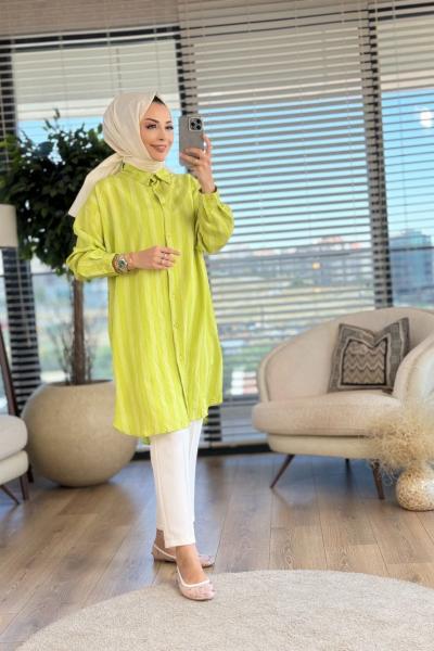 24220 Boyuna Kalın Çizgili Gömlek Yağ Yeşili