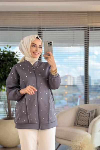 24236 Scuba Ön İnci İşli Fermuarlı Hırka Antrasit