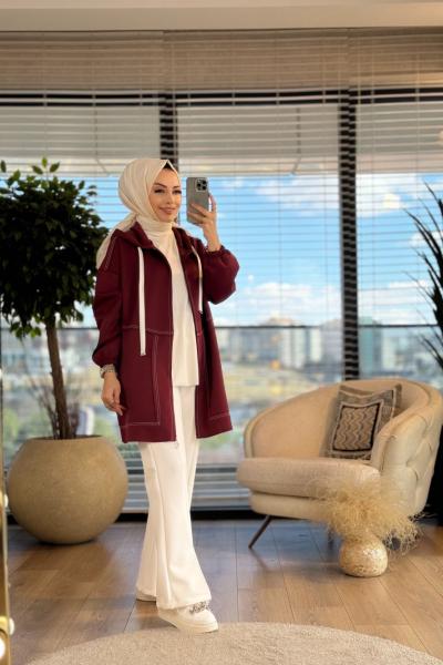 24250 Ön Dikiş Detaylı Ferm.Kapşonlu Tunik Bordo