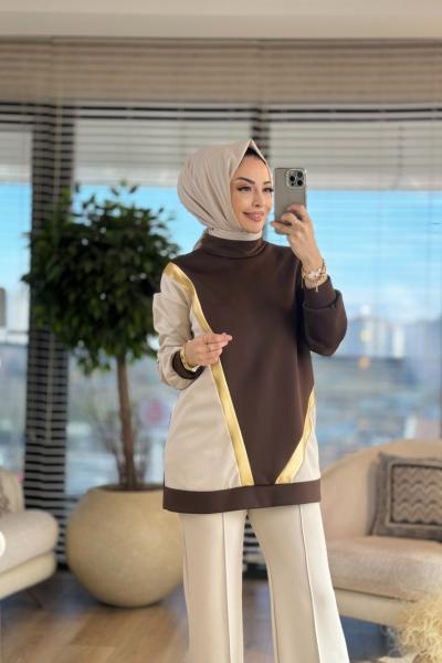 24251 Scuba Önü V Parçalı Renkli Tunik Kahve