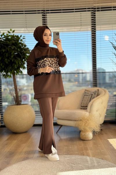 24252 Önü Pul Ve Leopar Şeritli Tunik Kahve